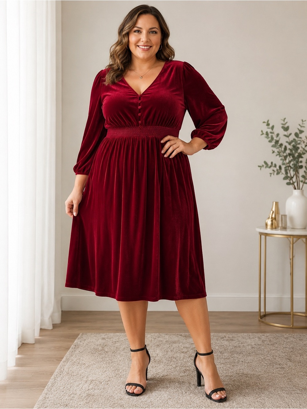 Lauren Ralph Lauren Red Velvet Puff Sleeve Midi A-Line Dress NWT Womens 16